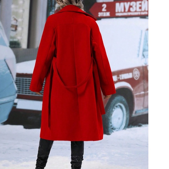 Solid Wide Collar Pockets Belted Minimalist Jacket Coat - Picture 7 of 9